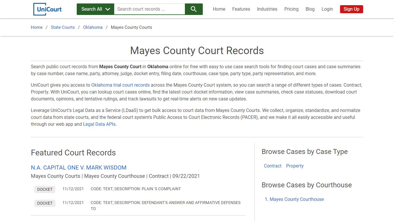 Mayes County Court Records | Oklahoma | UniCourt